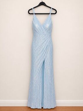 Speechless Women's Sky Blue Sequin V-Neck Maxi Gown Dress Size 1 Side Slit